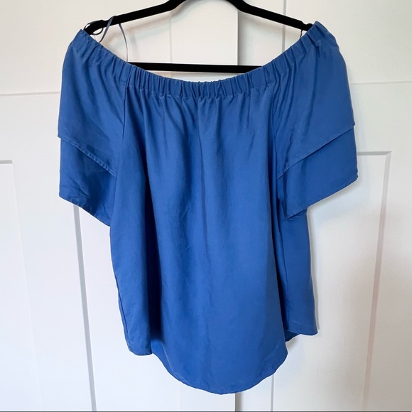 Off-The-Shoulder Flutter Ruffle Sleeve Solid Blue Top Blouse - Picture 2 of 4